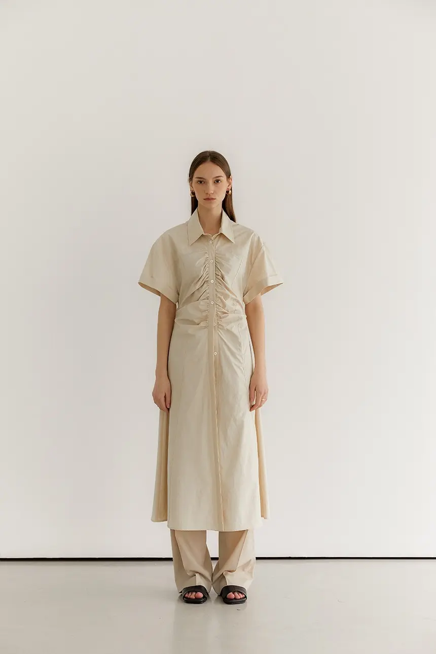 Front Shirring Shirts Dress (Natural)