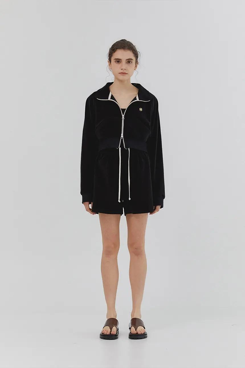 Crop Terry Zip-Up (Black)