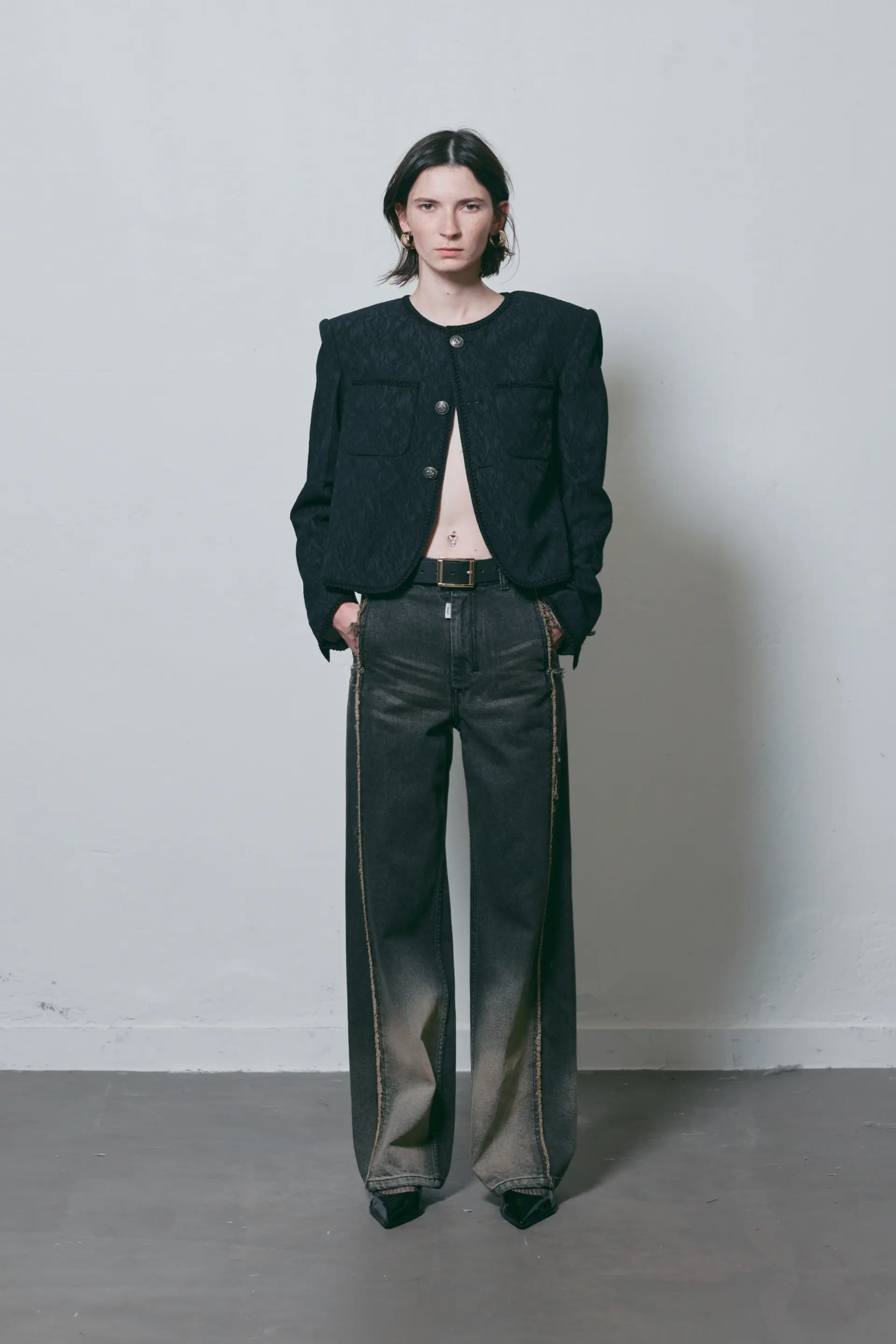 Black Shifted Raw-Cut Side Seam Denim Pants