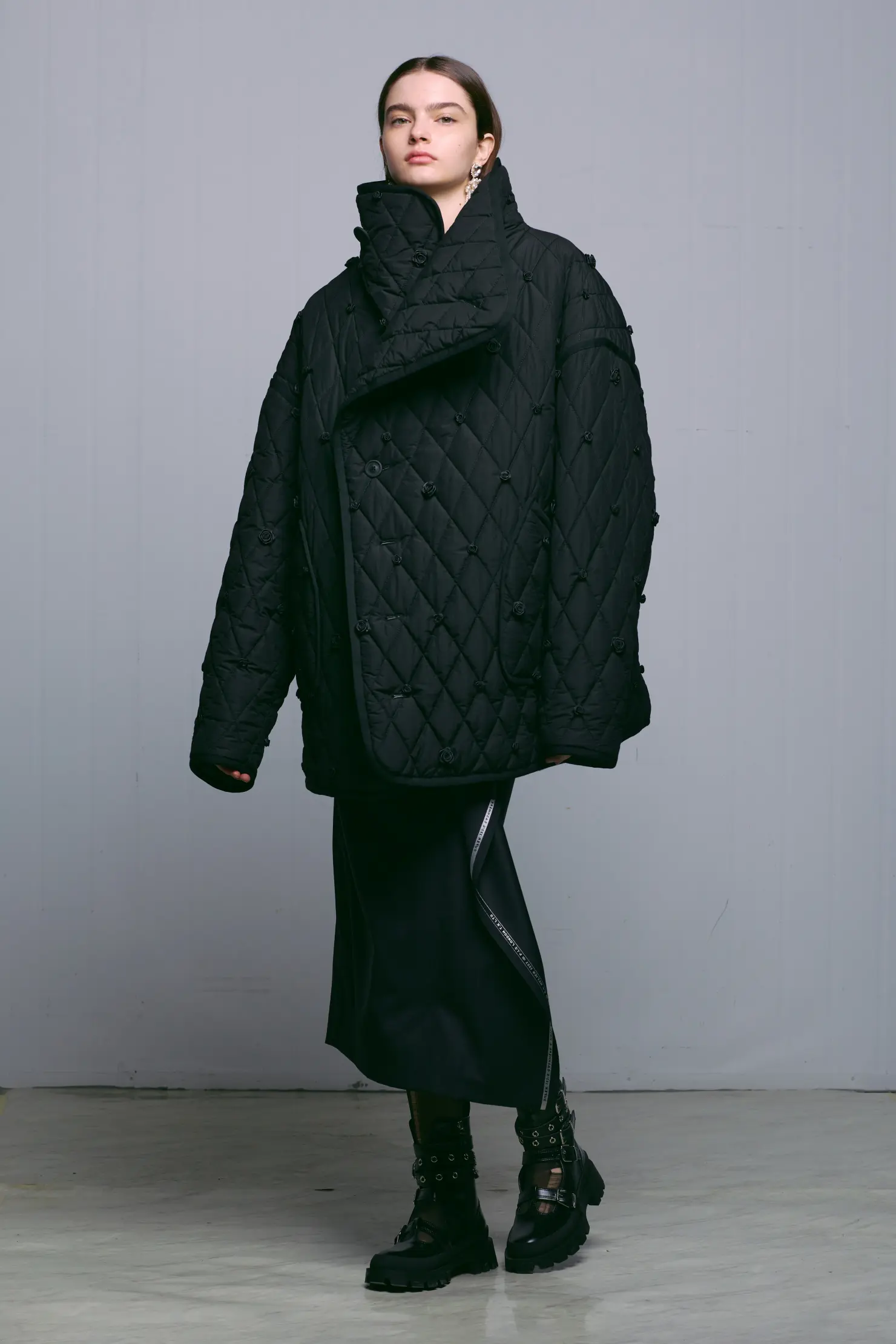 Black Quilted Funnel Neck Rose Jumper