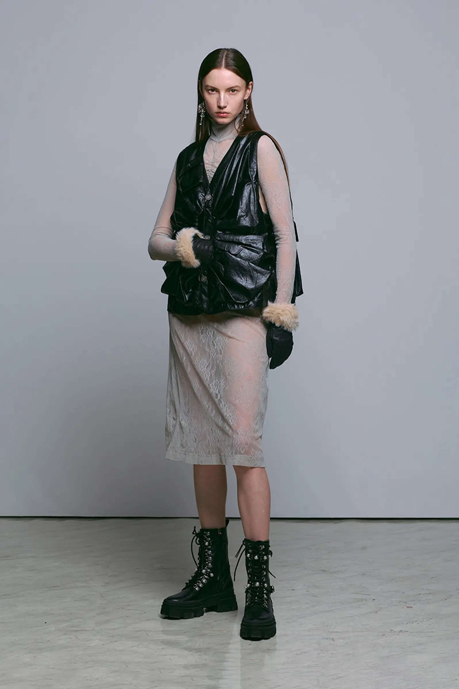 Black Shirred Faux Leather Fisher Vest