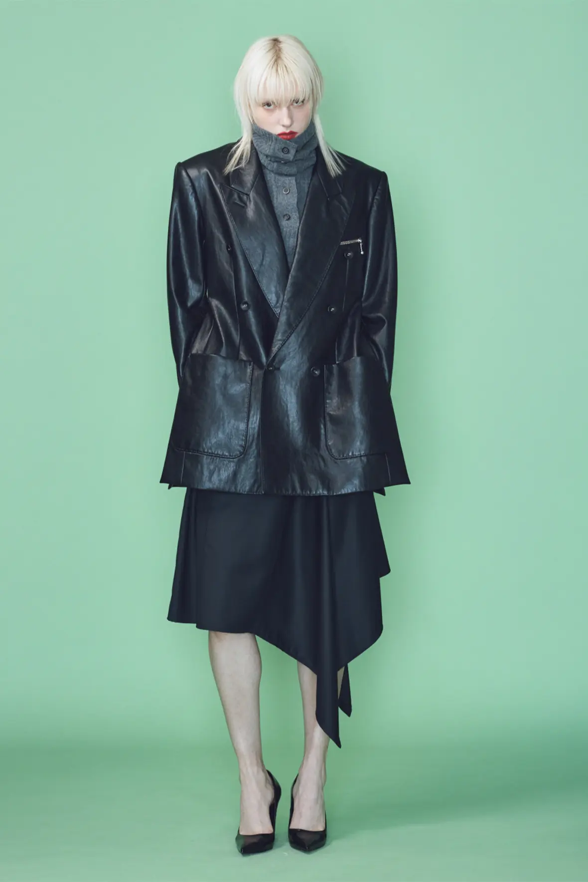Peaked Lapel Biker Detail Faux Leather Double Jacket
