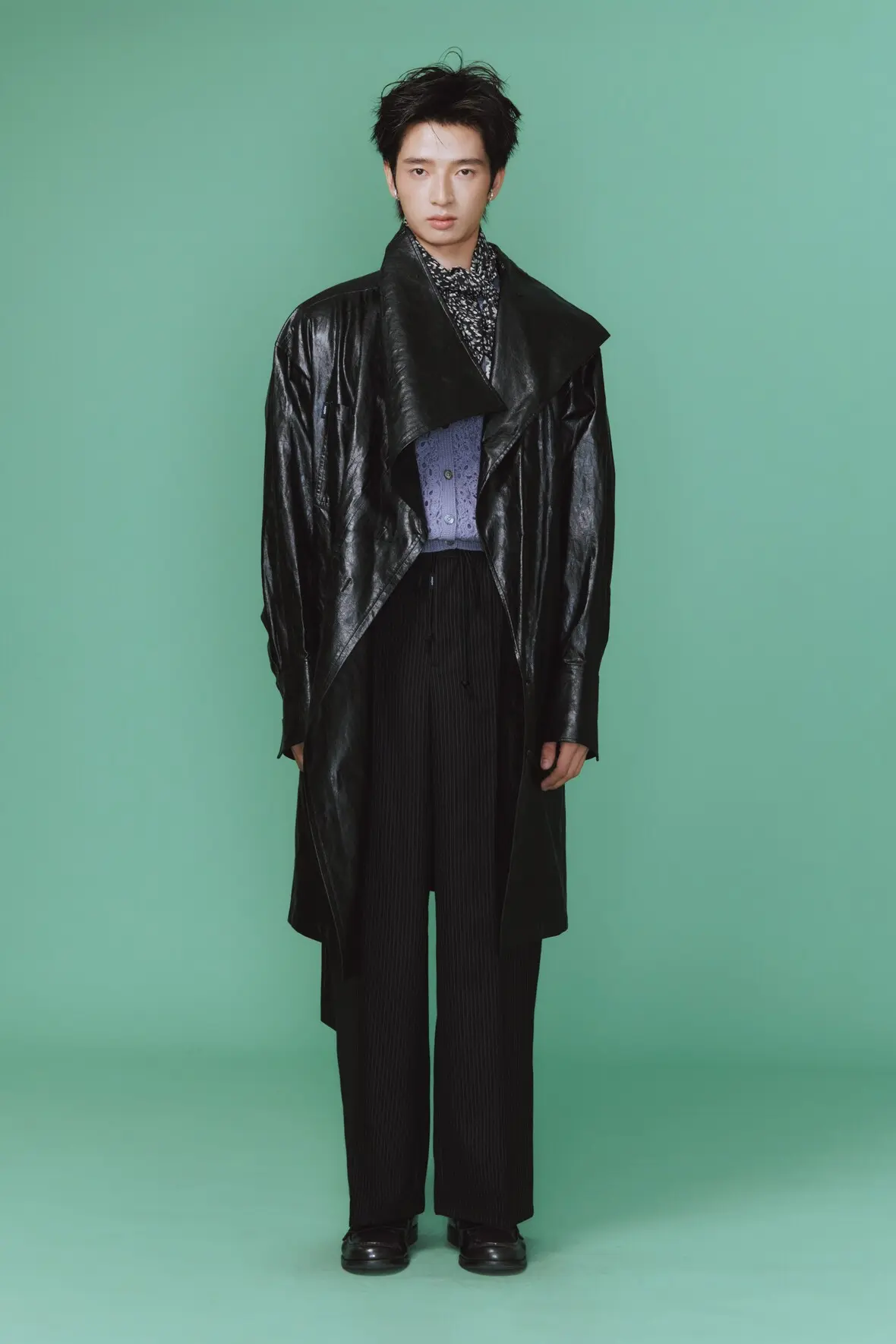 Faux Leather Funnel Neck Shirt Coat