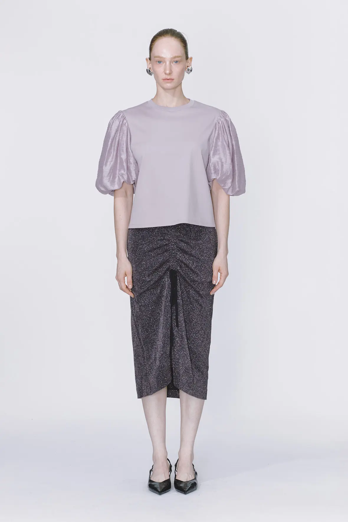 Front Drawstring Glitter Jersey Midi Skirt