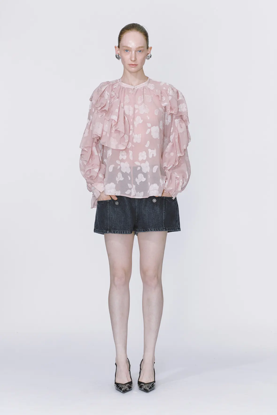 Asymmetric Chiffon Cut Jacquard Stand Collar Blouse