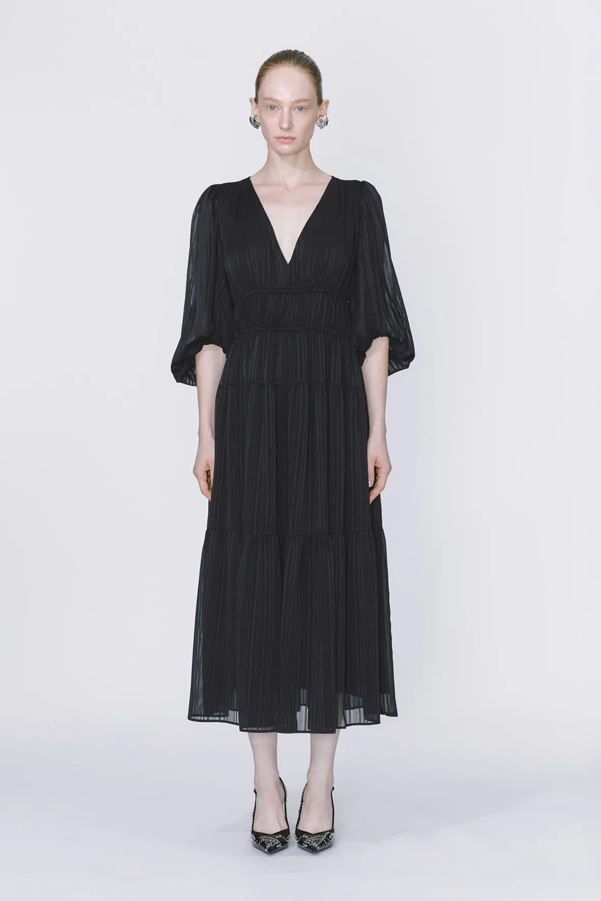 Striped Tiered V-Neck Maxi Dress