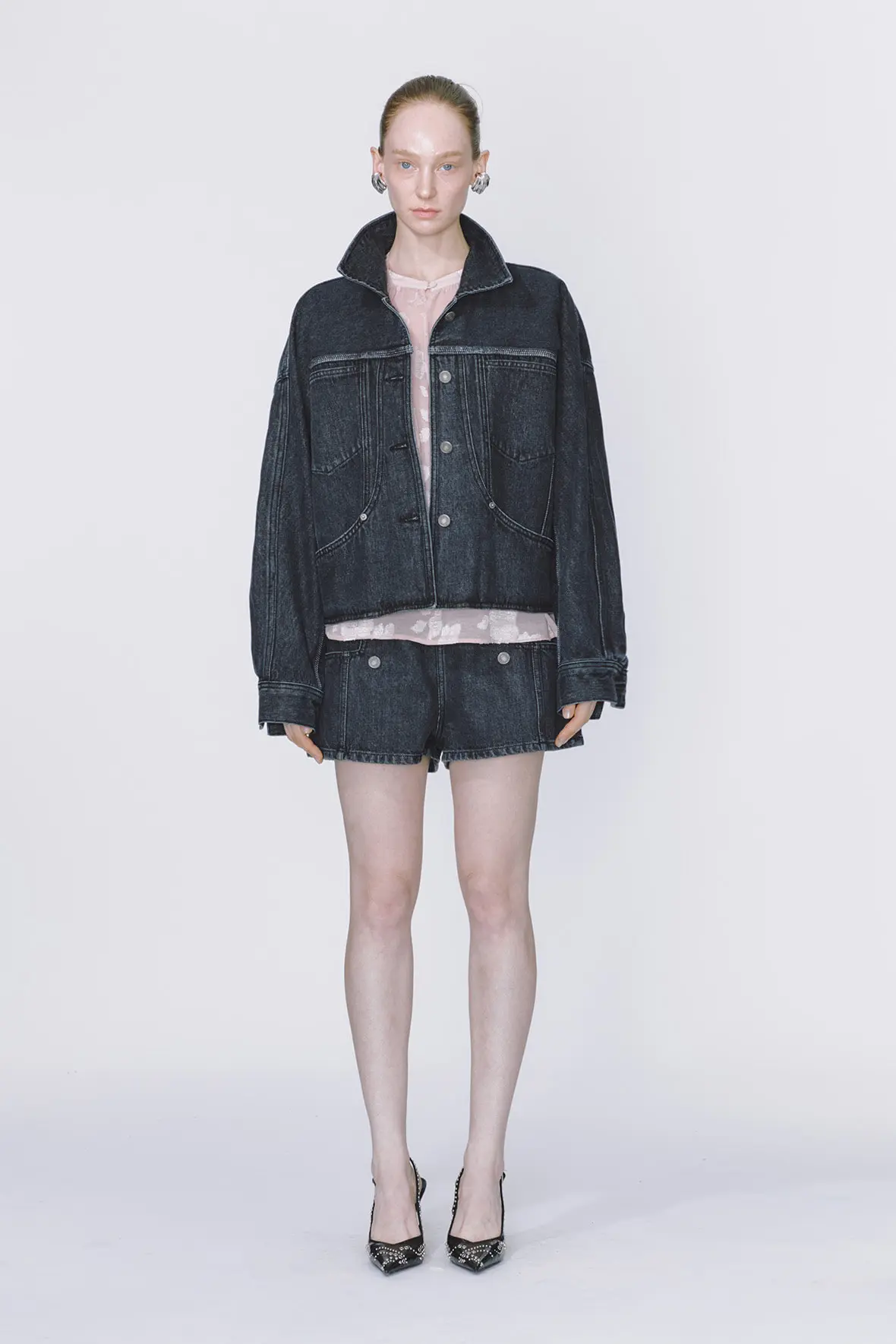 Curved Insert Pocket Dolman Sleeve Denim Jacket