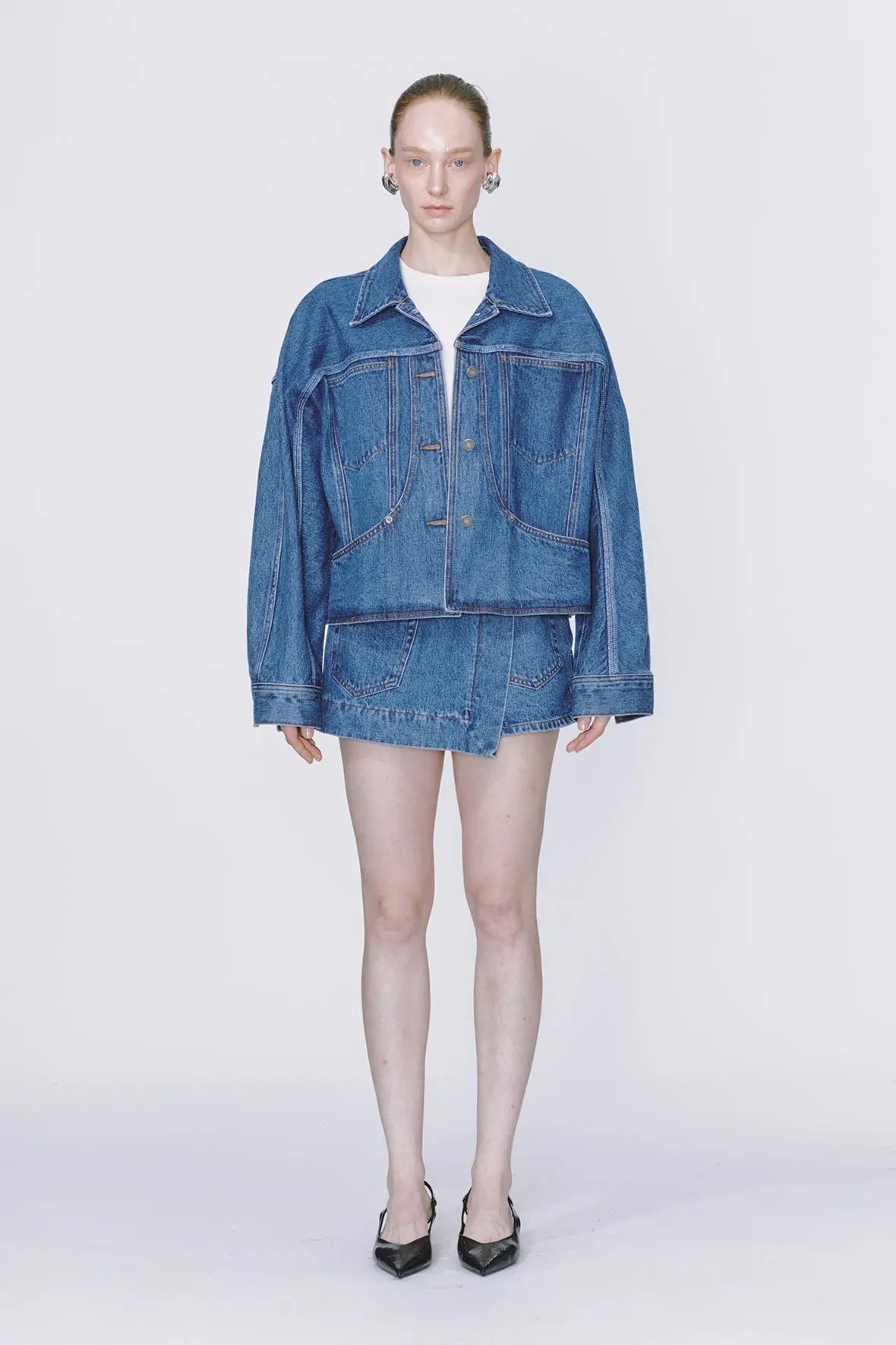 Curved Insert Pocket Dolman Sleeve Denim Jacket