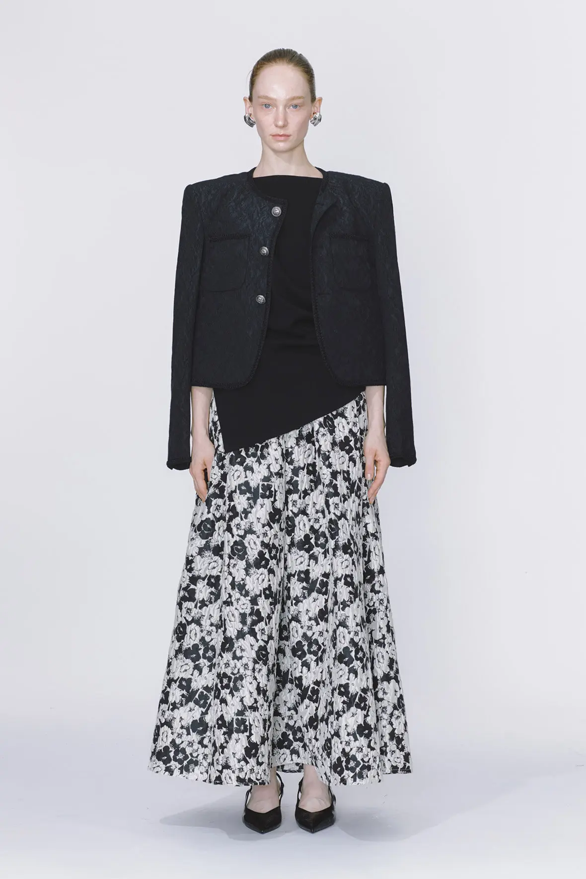 Cropped Curved Hem 2-Pocket Tweed Jacket