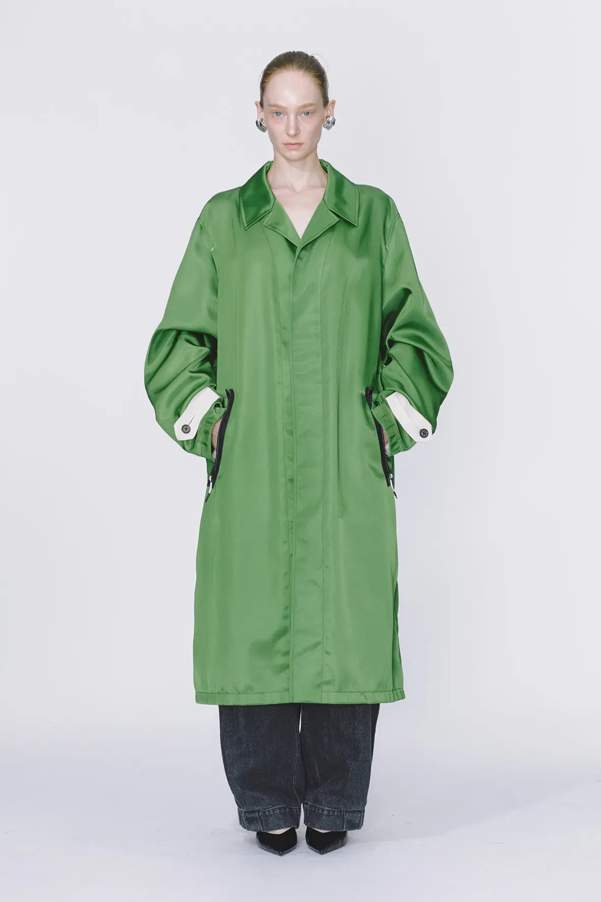 Oversized Zipper Detailed Hidden Button Mac Coat
