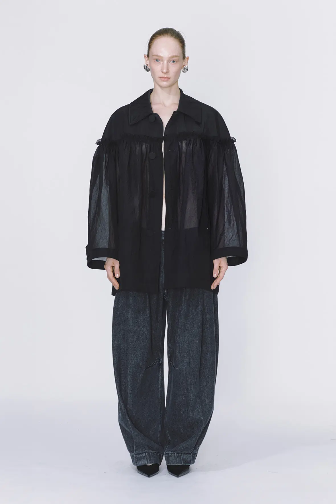 Half And Half Horizontal Ruffel Nylon Mac Coat