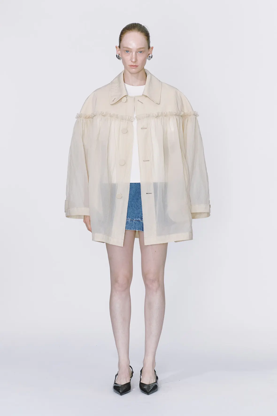 Half And Half Horizontal Ruffel Nylon Mac Coat