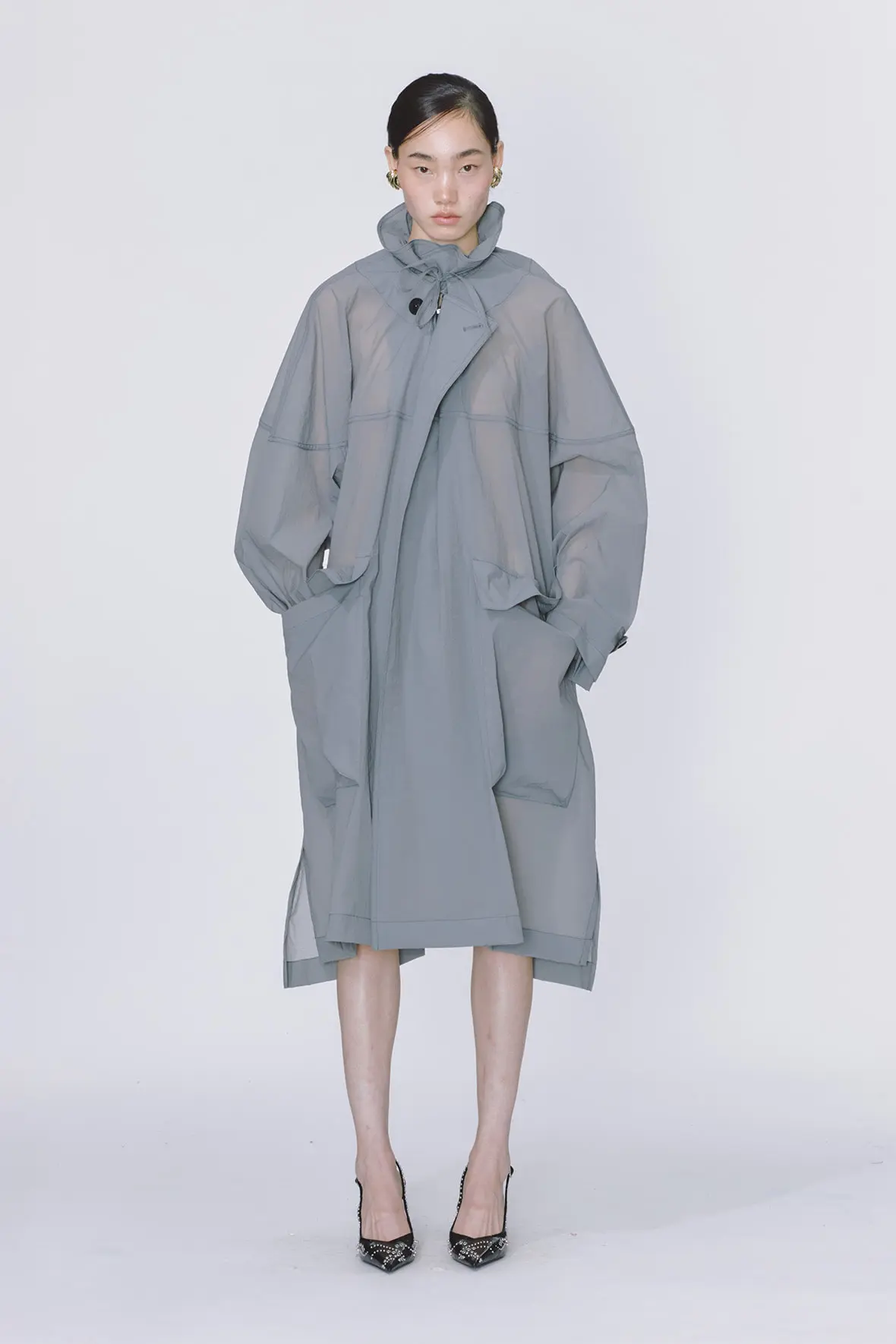 Oversized Drawstring Neck Horizontal Line Maxi Zip Up Double Coat