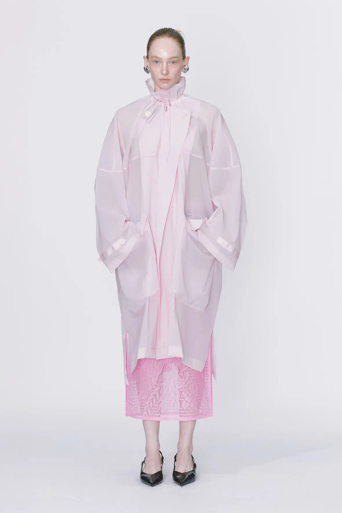 Oversized Drawstring Neck Horizontal Line Maxi Zip Up Double Coat