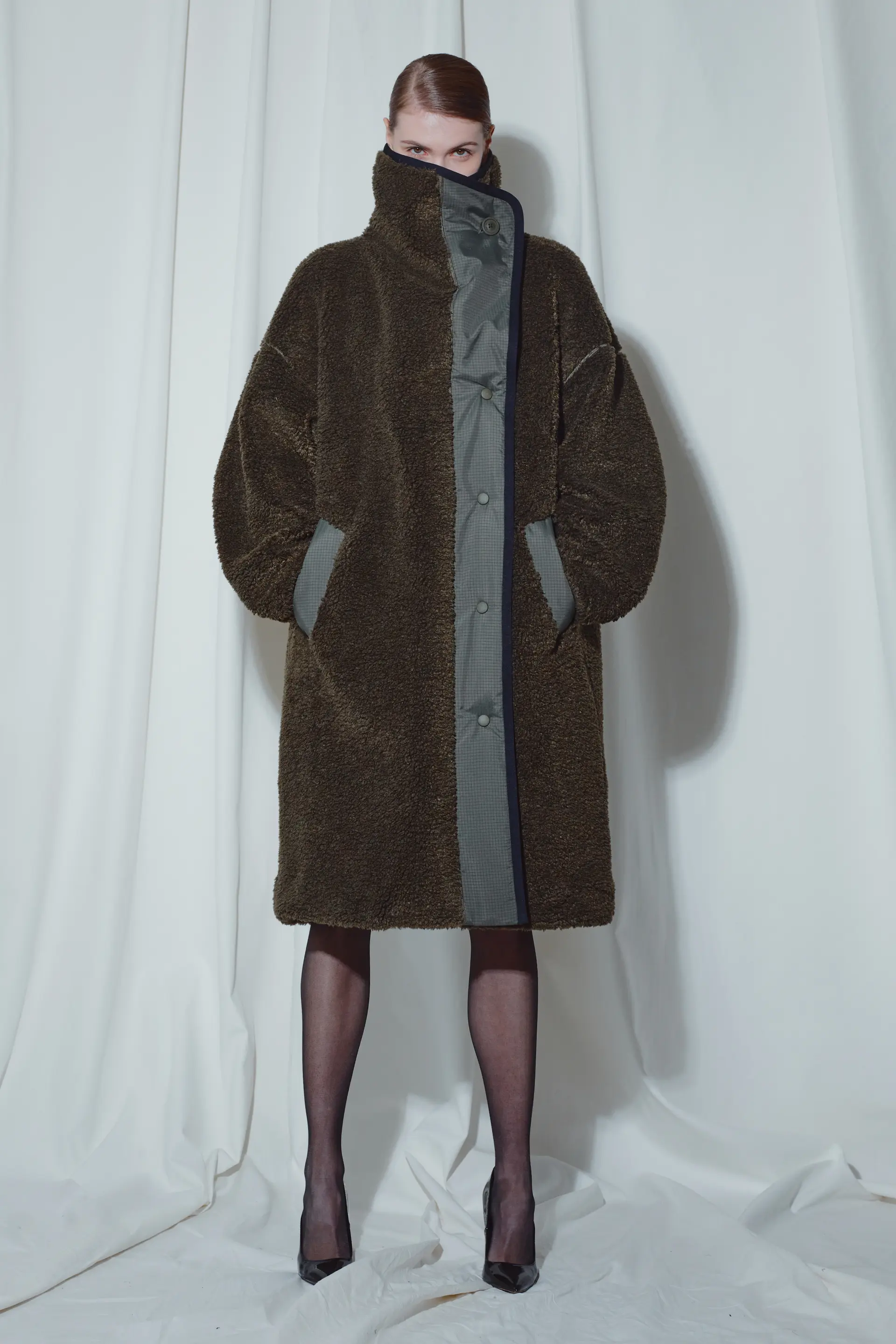 Green Oversize Funnel Neck Teddy Coat