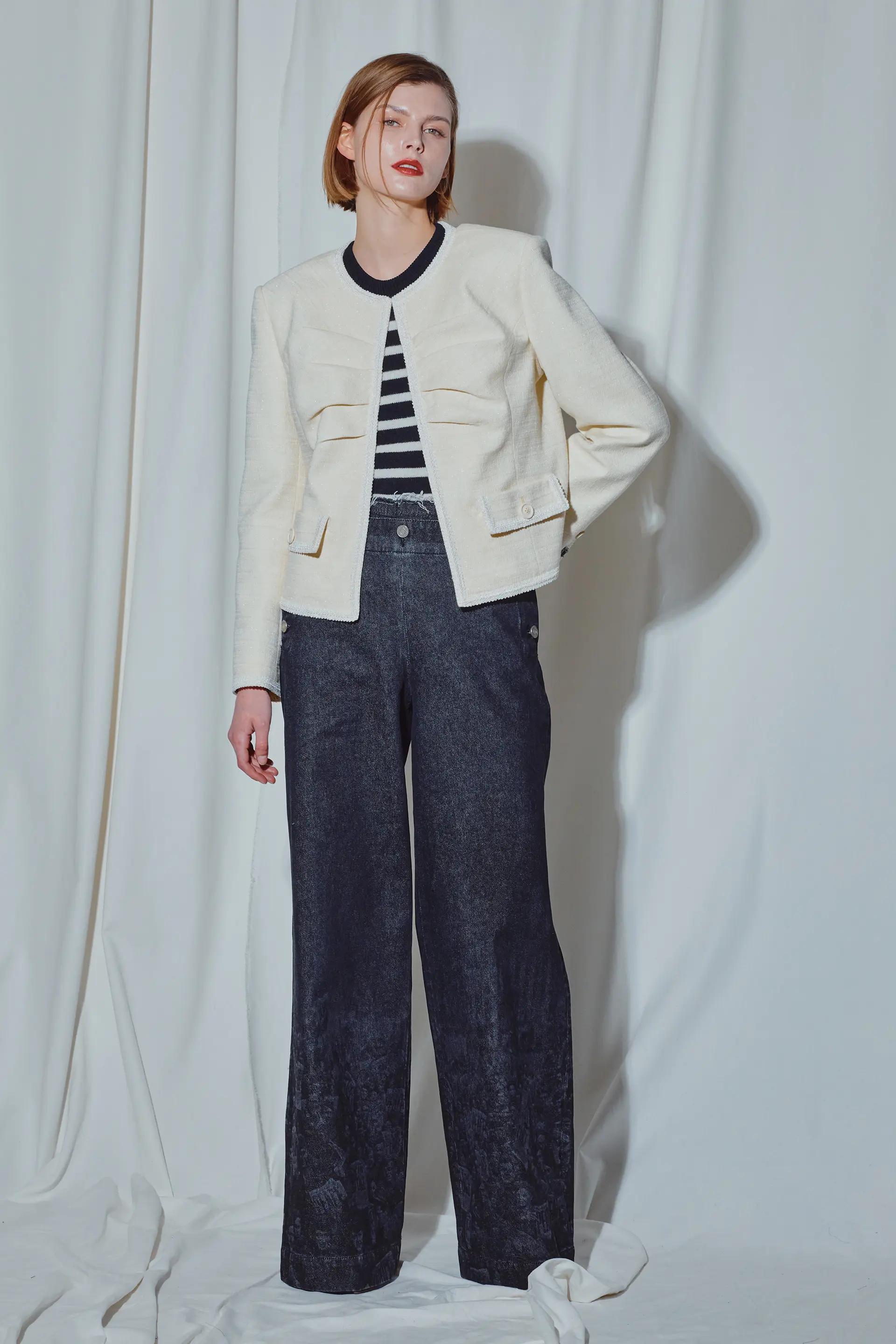 Yellow Shirred Front Tweed Jacket
