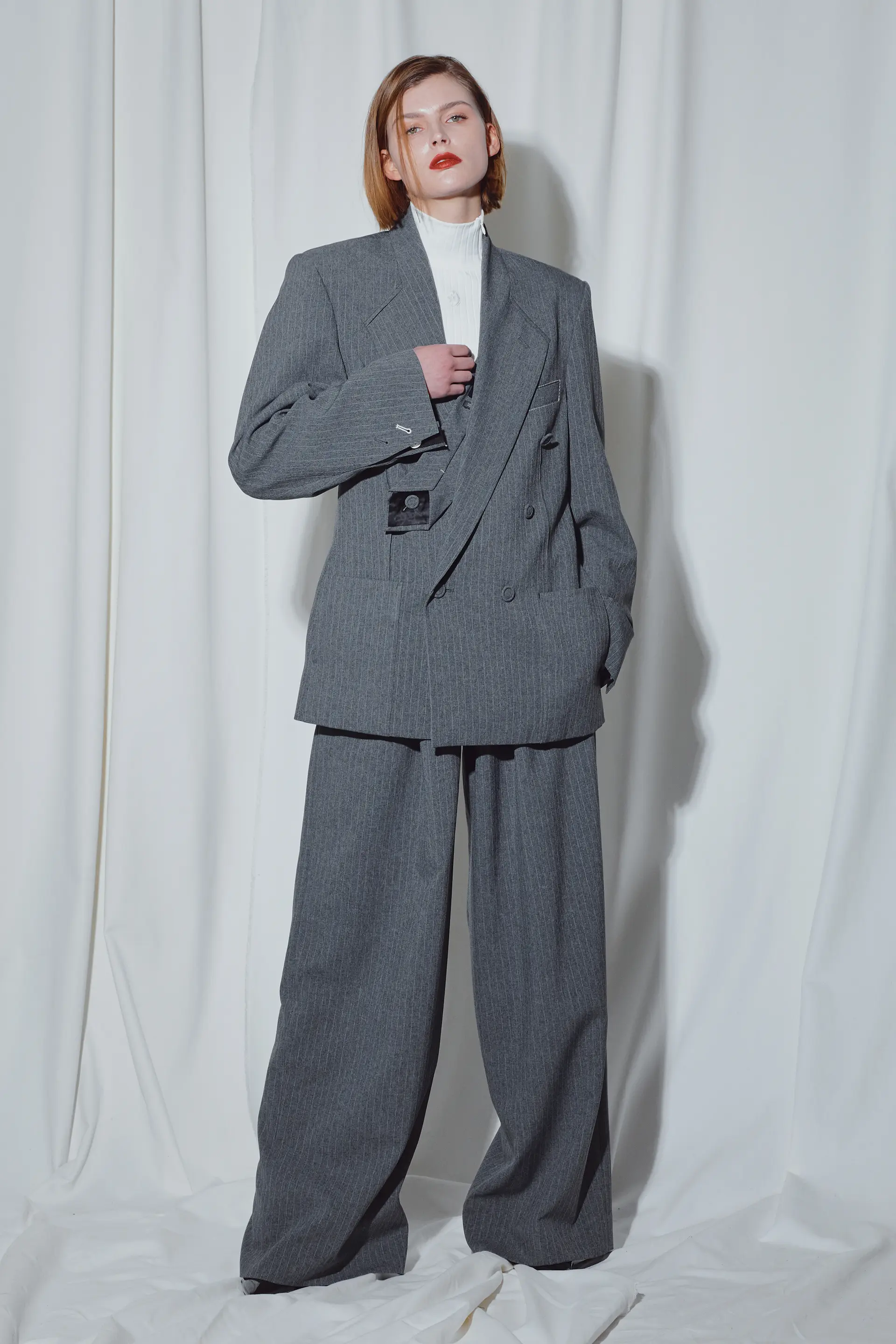Grey Pinstripe Fixed Tie Double Jacket
