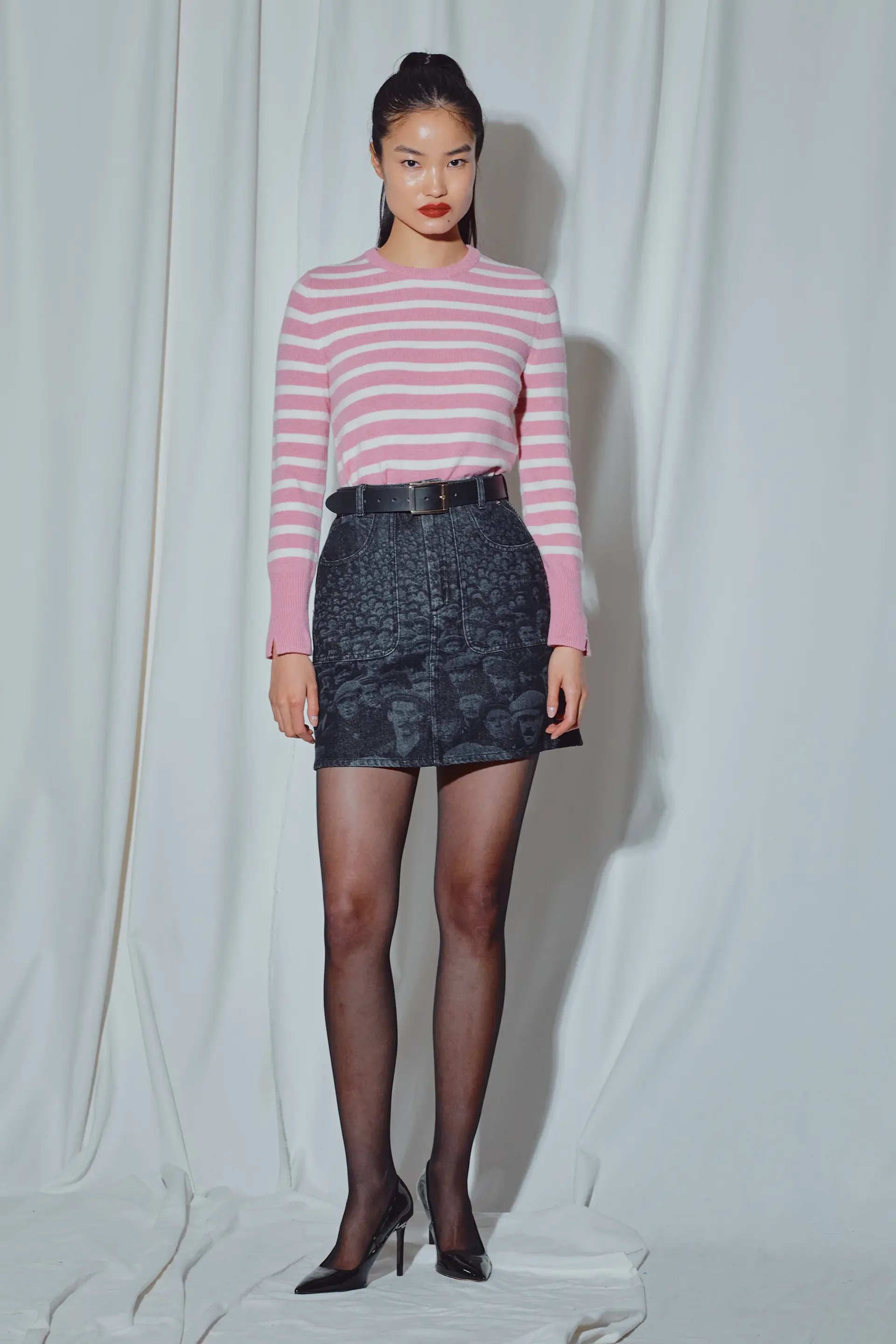 Pink Stripe Sleeve Slit Knit Long Sleeve