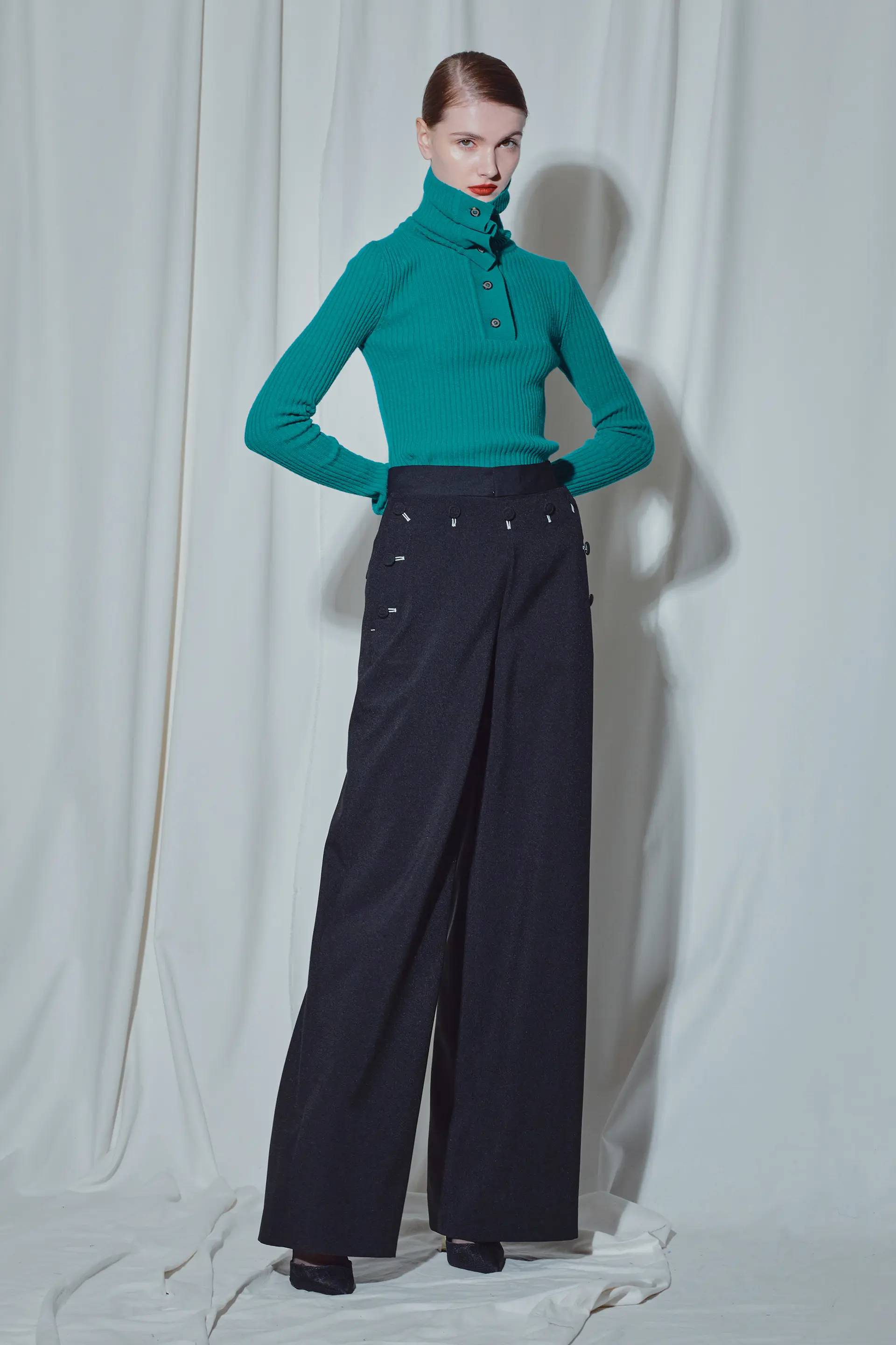 Turquoise Button Up Rib Knit Turtle Neck