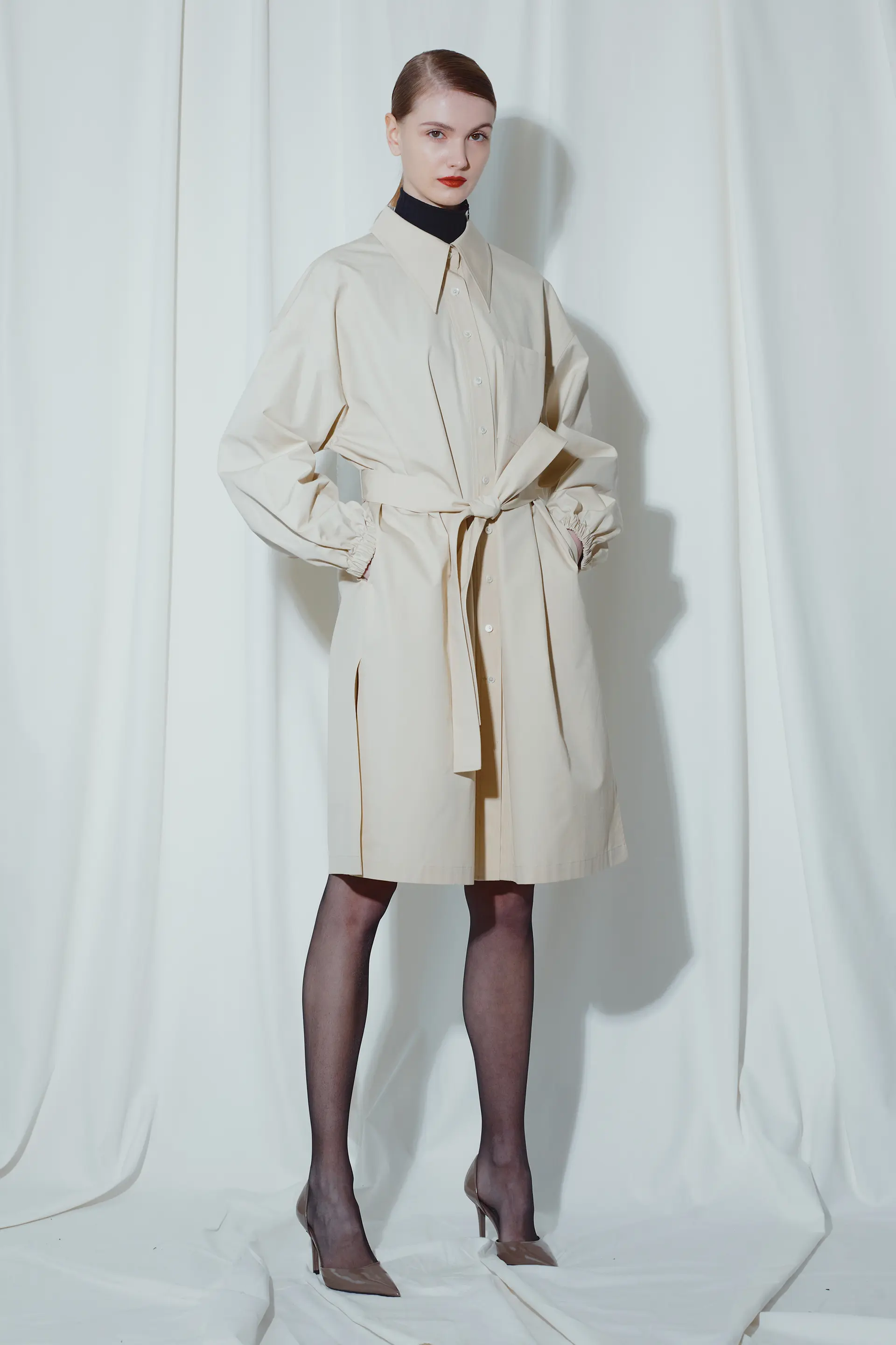 Beige Gathered Sleeve Shirt Dress