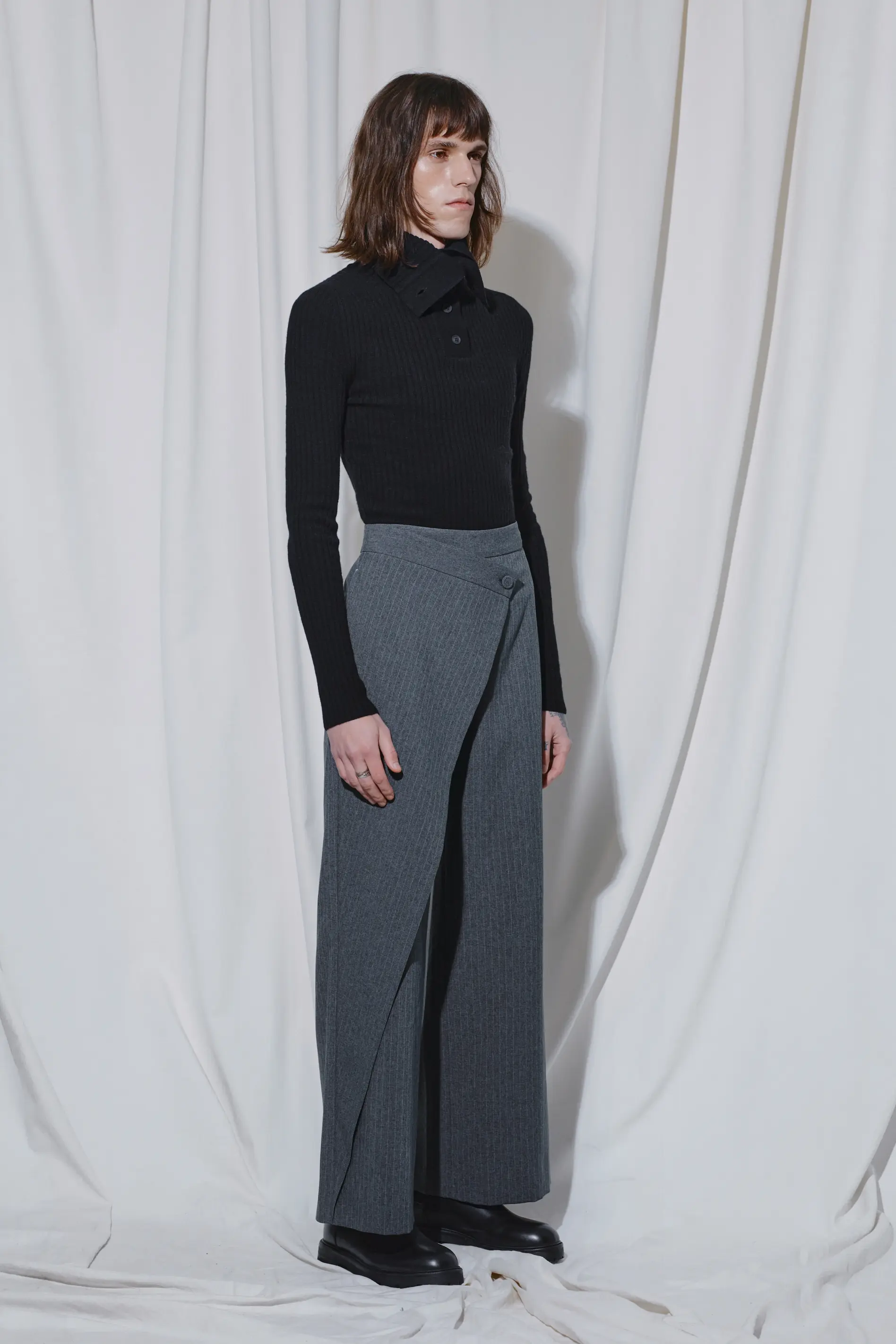 Black Button Up Rib Knit Turtle Neck