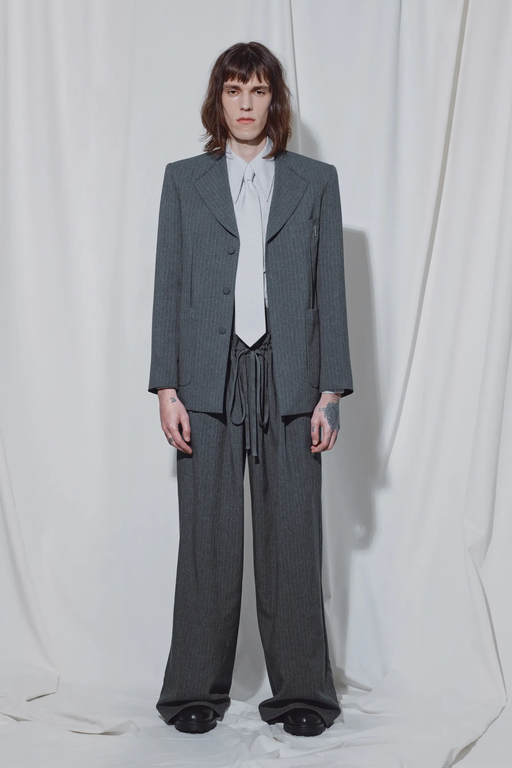 Grey Pinstripe Fixed Lapel Single Jacket