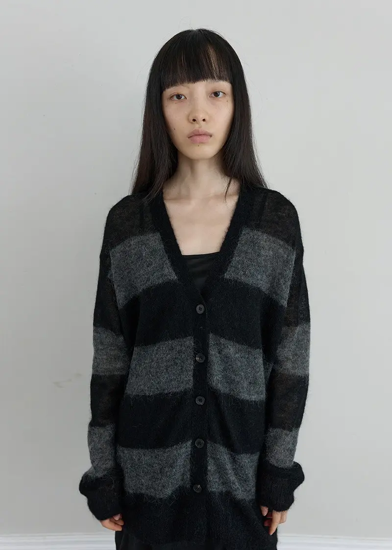 Kid Mohair Stripe Cardigan (Grey-Black)
