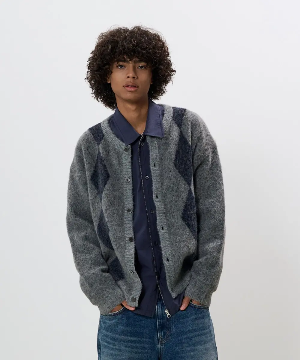 Hairy Argyle Cardigan (Charcoal)