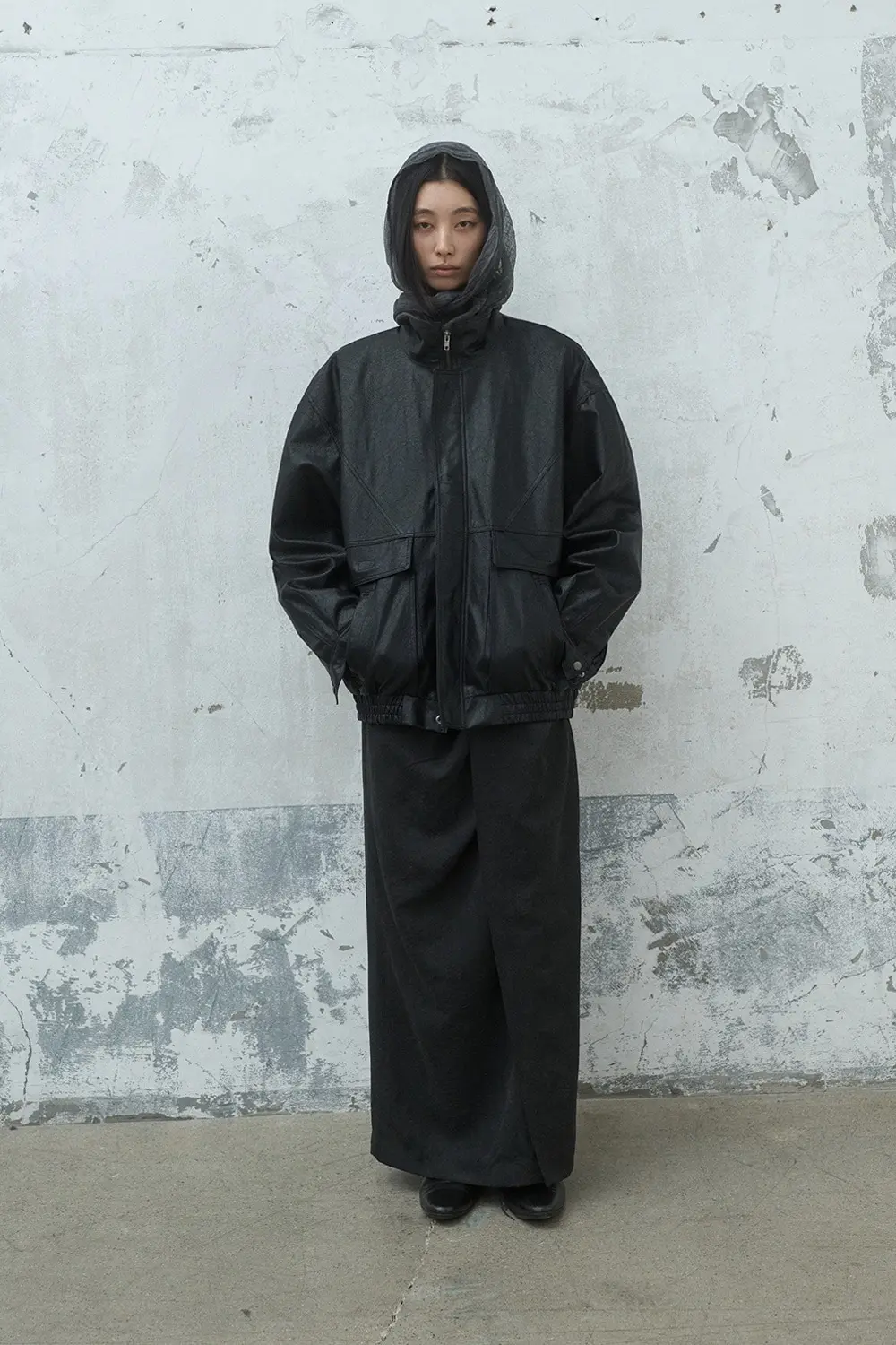 Stand Collar Faux Leather Blouson (Black)