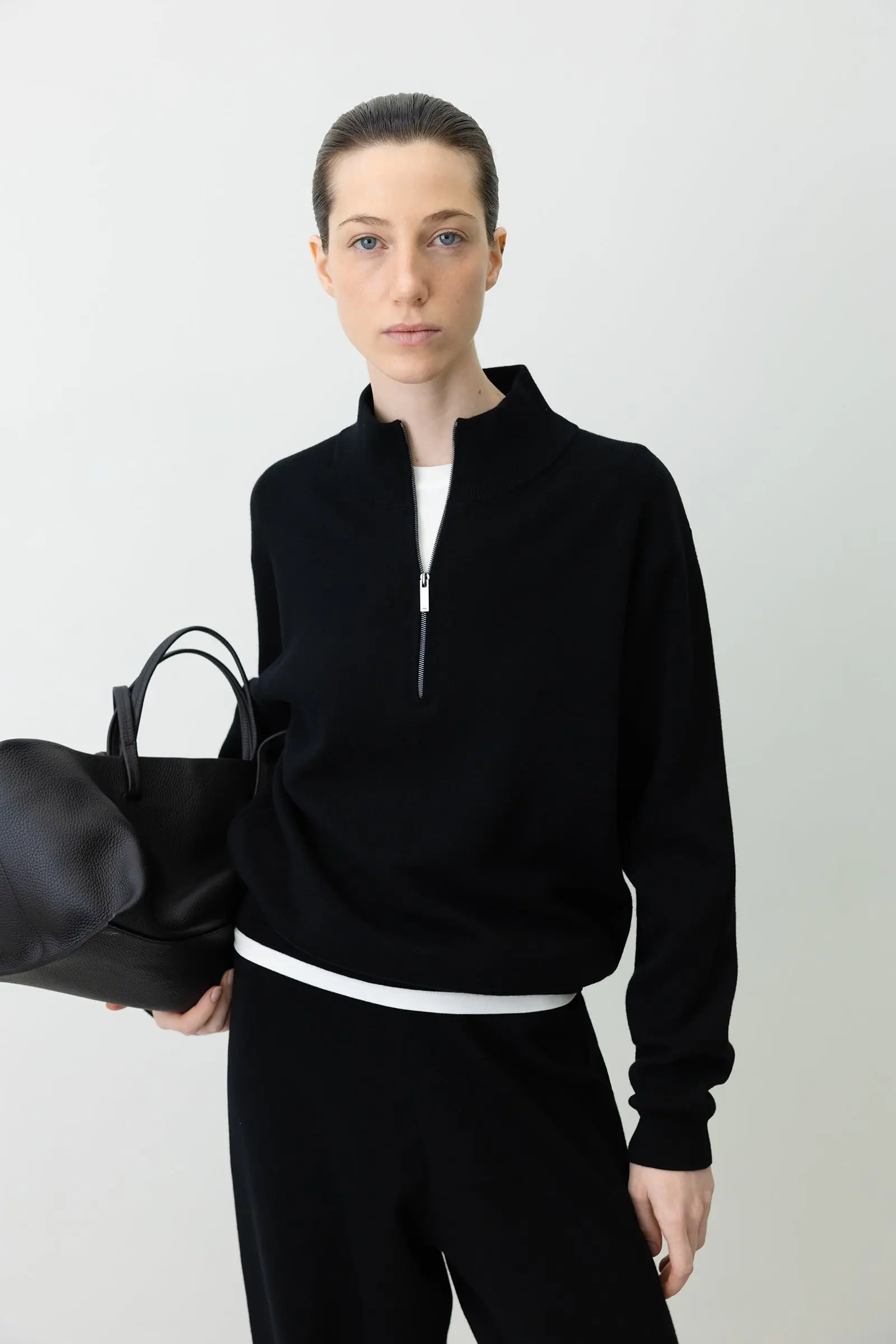 Washable Wool-Cotton Half-Zip Knit Black