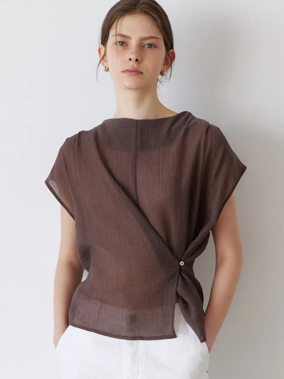 mock neck wrap blouse (brown) orc 6047