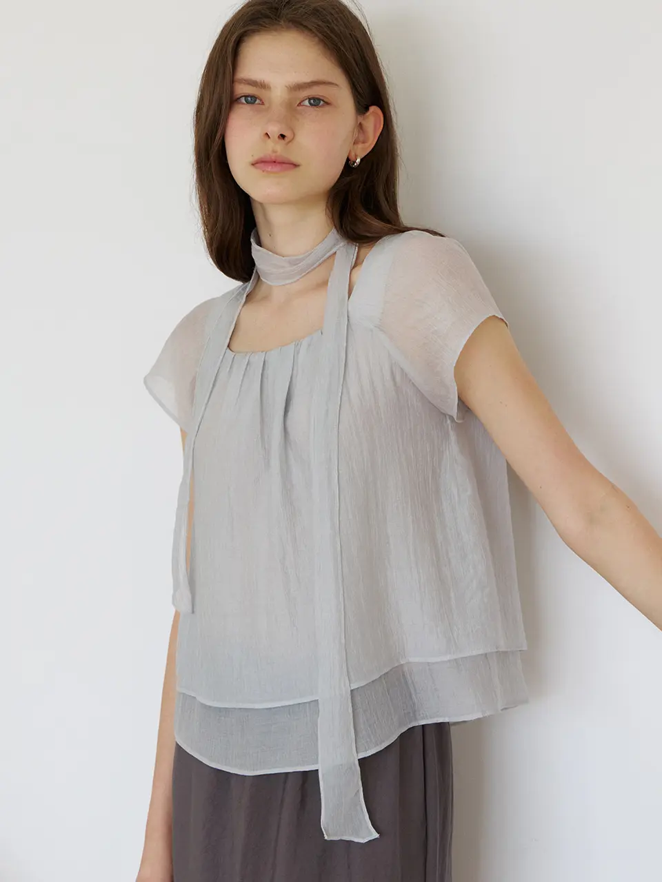 scarf set-up blouse (pale gray) orc 6051