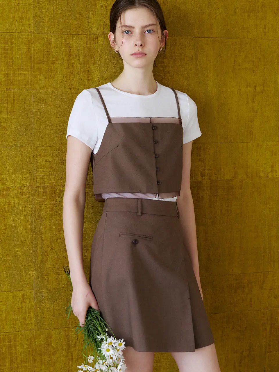(set) organza detail bustier (brown)+pleated wrap mini skirt (brown) orc 6057