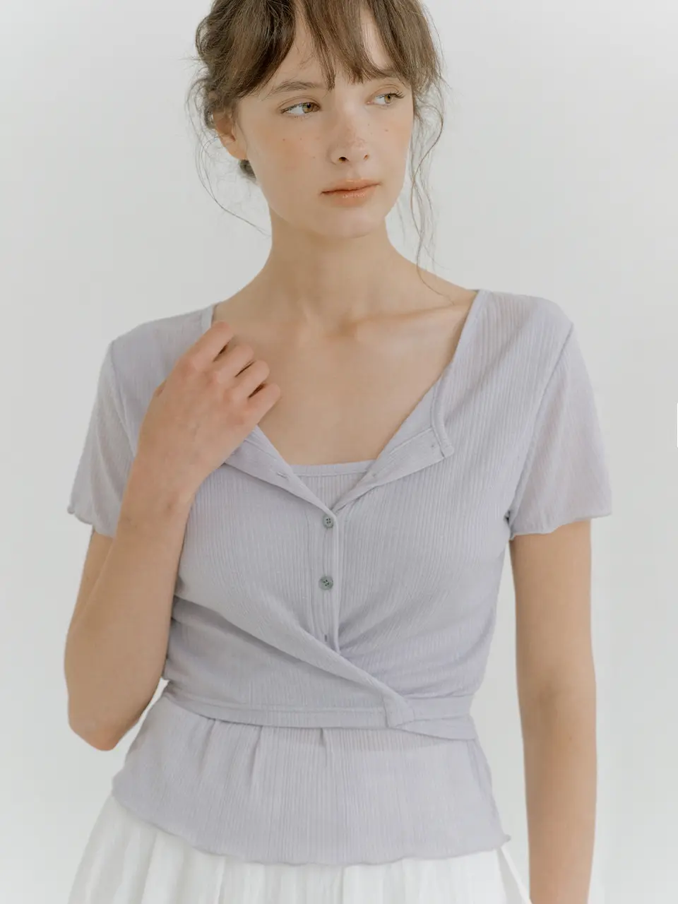 layered wrap detail T-shirt (blue gray) orc 6070