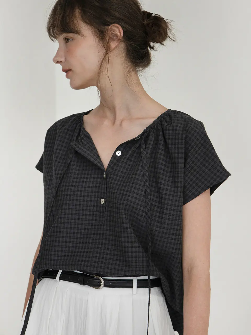 deep henly-neck check blouse (charcoal) orc 6078