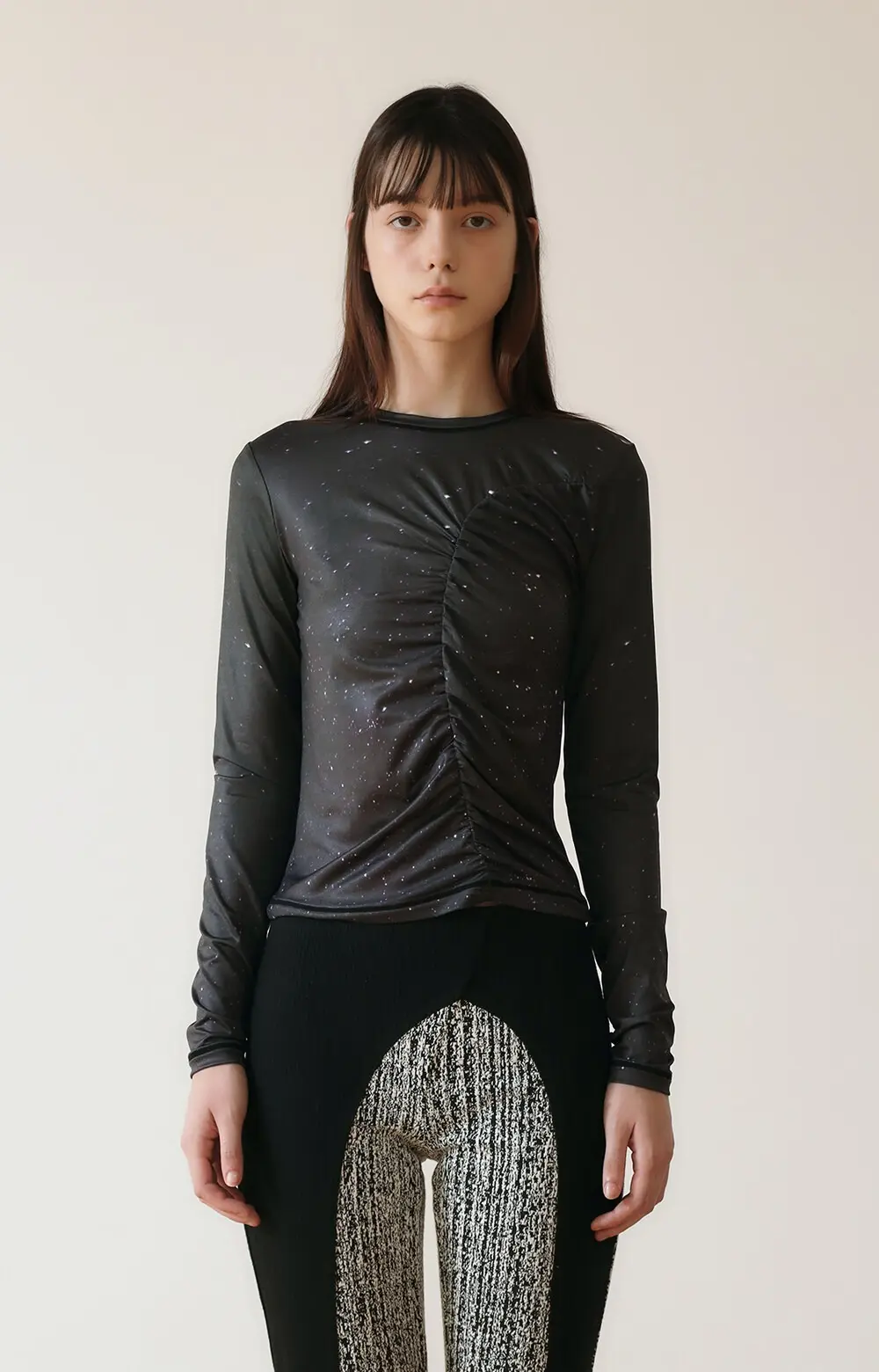 Print Long Sleeve Shirring T-Shirt ([Star])