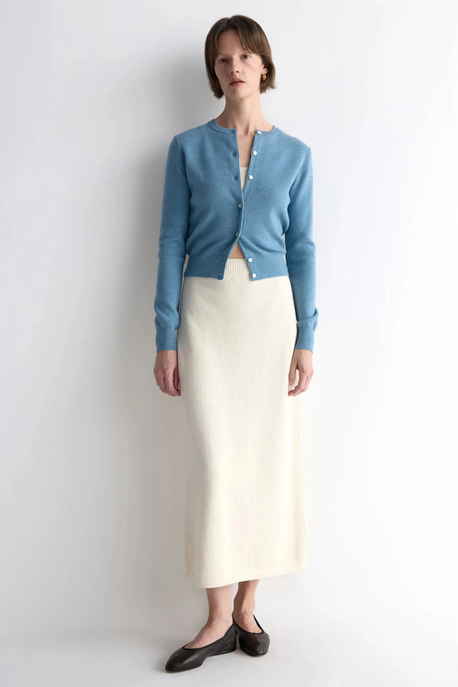 Women's Merino Wool Round Neck Cardigan (Melange Blue)