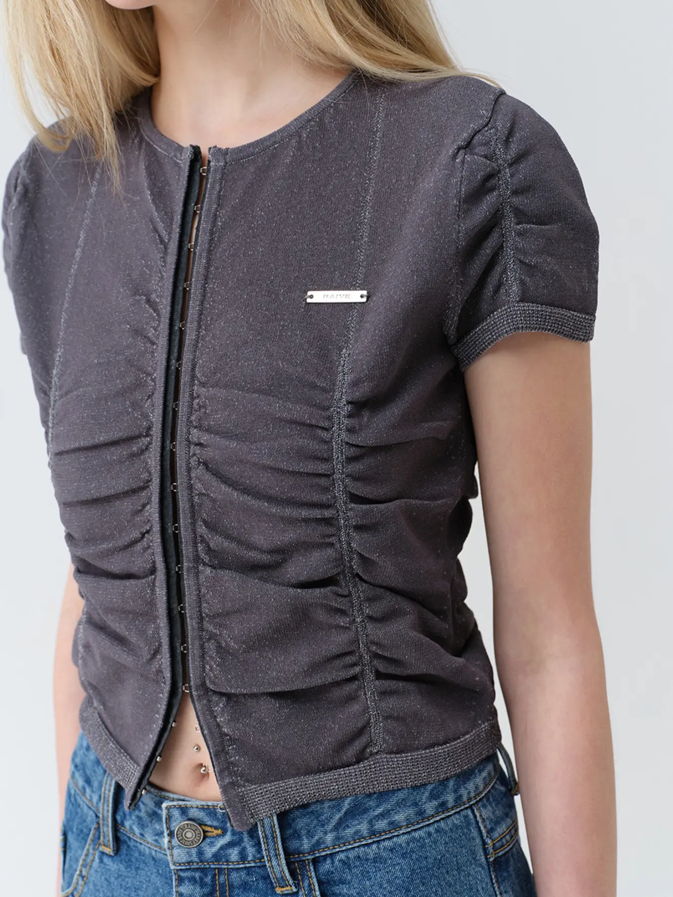 Hook-Front Shirring Knit Cardigan