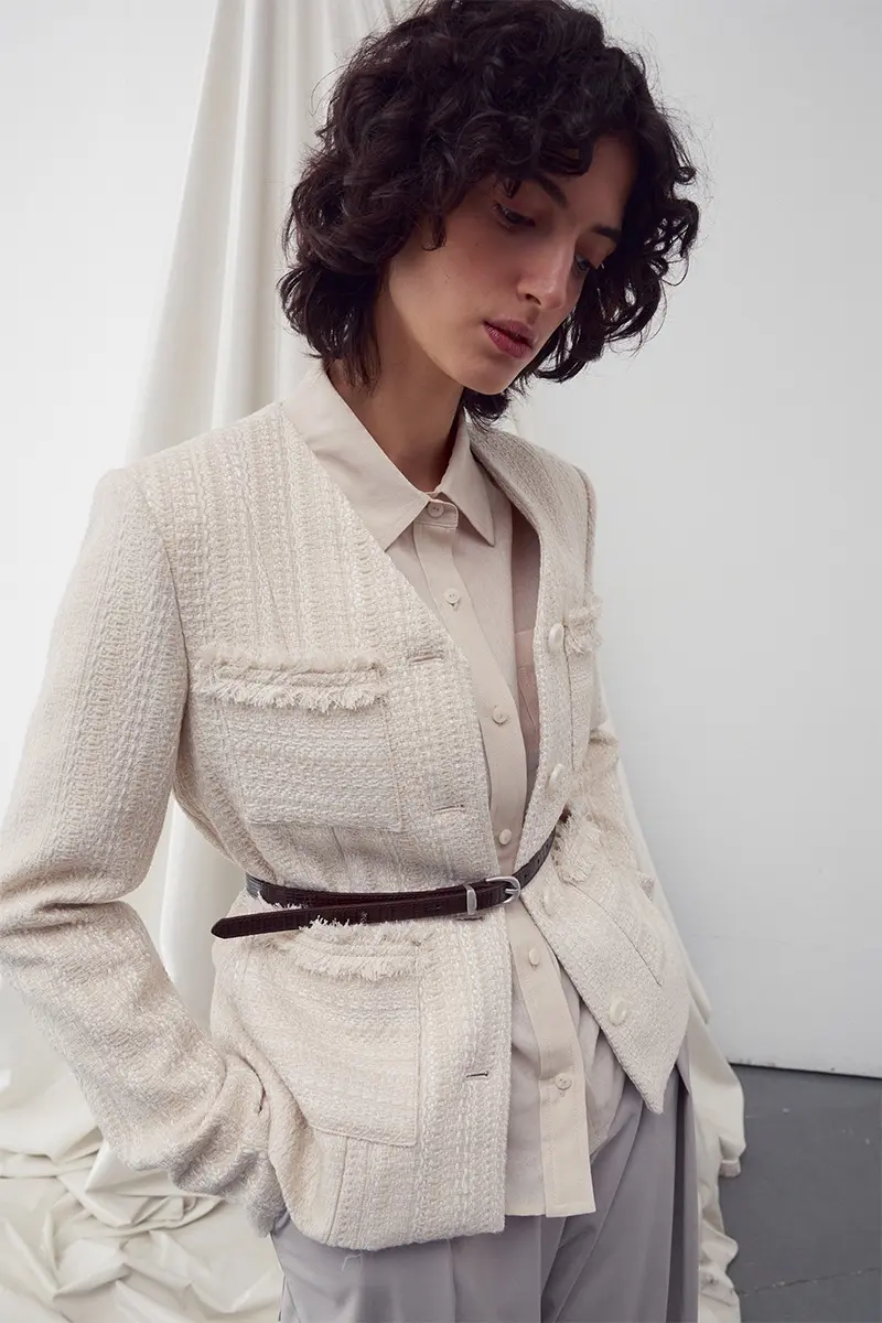 V Neck Pocket Tweed Jacket Ivory