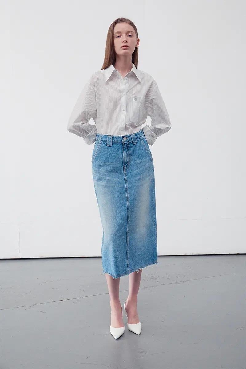 Denim A-Line Midi Skirt Mid Blue