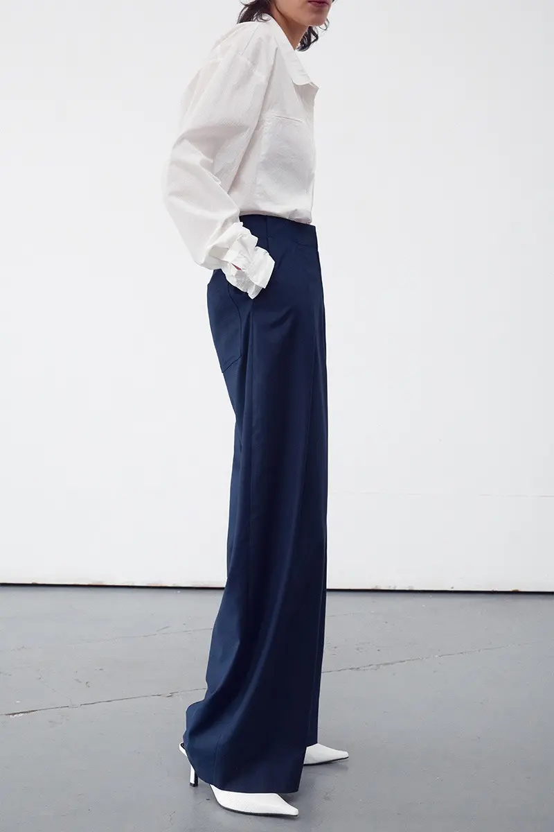 Belt Waist Detail Wide Leg Trousers Navy