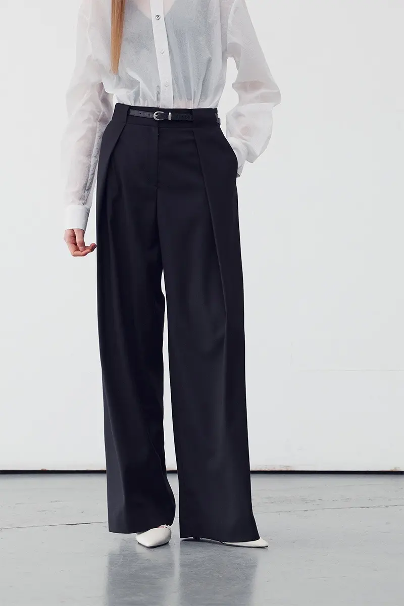 Belt Waist Detail Wide Leg Trousers Black