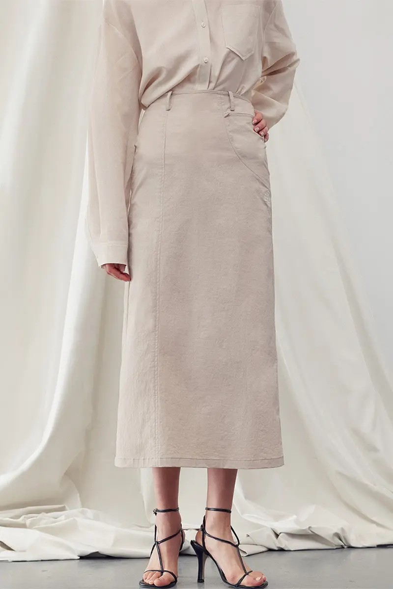Logo Embroidered Detail Midi Skirt Sand