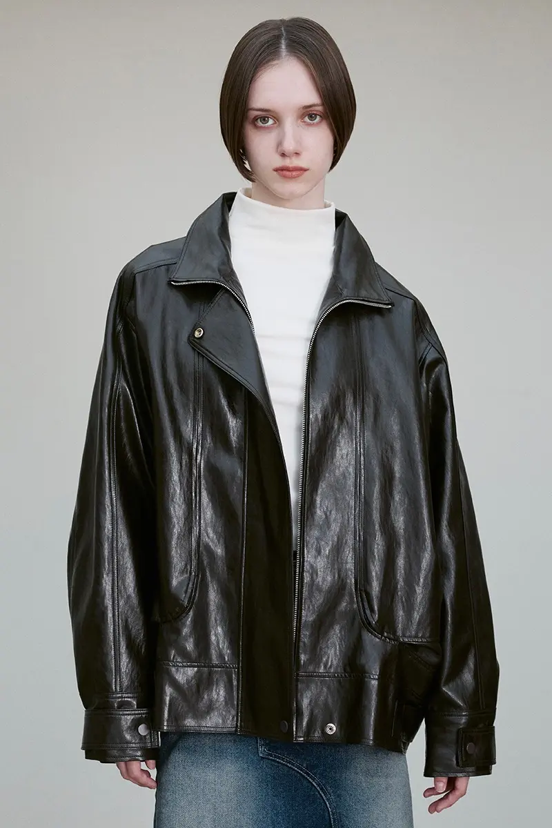Funnel Neck Vegan Leather Jacket