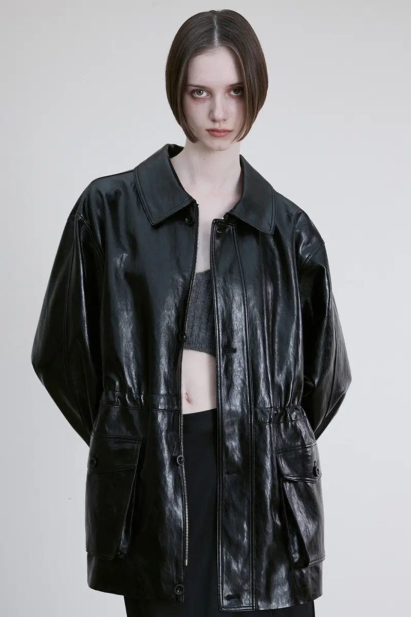 Drawstring Waist Vegan Leather Jacket