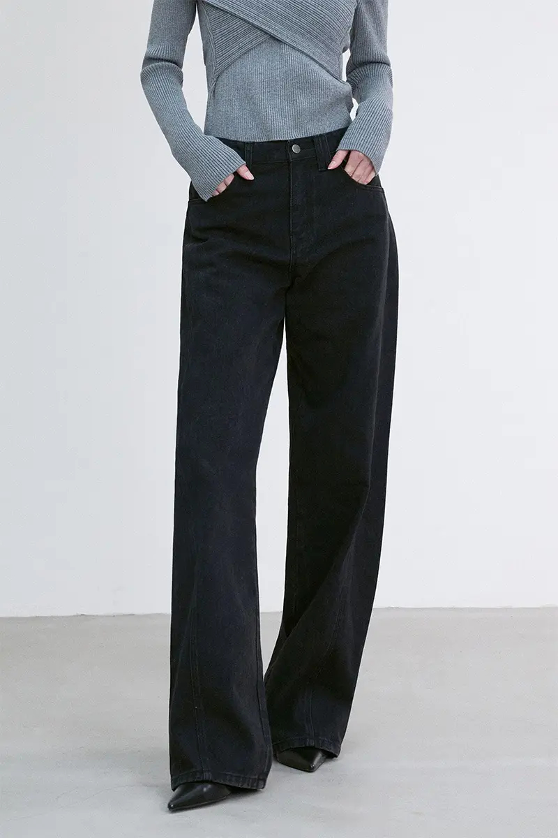 Seam Detail Straight Denim Pants Washed Black