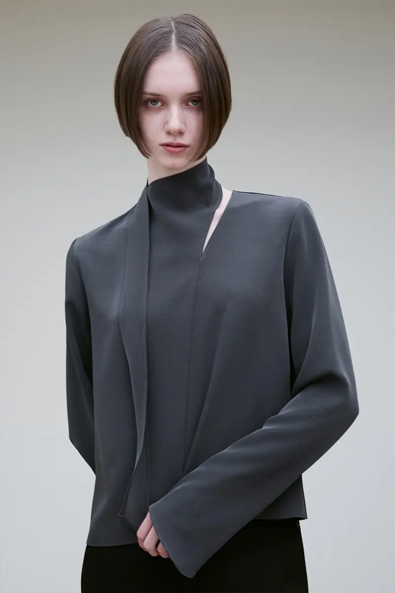 Scarf Detail Bell-Sleeve Blouse Charcoal