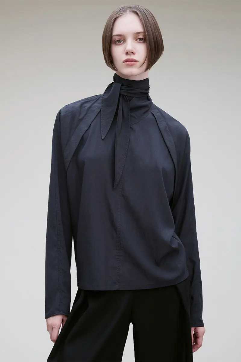 Flap Detail Tie-Neck Blouse Midnight Navy