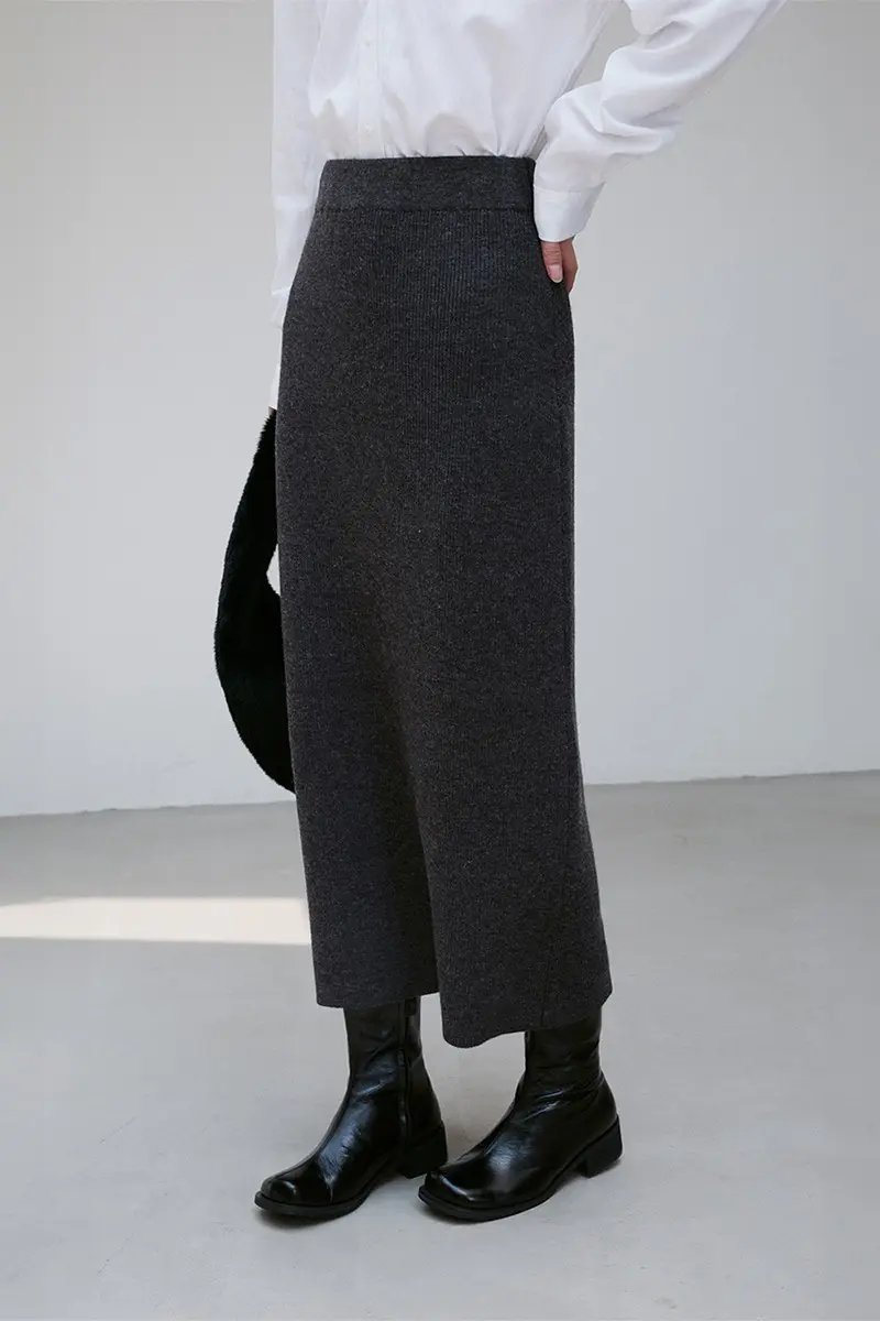 Wool Blended Ribbed Long Skirt