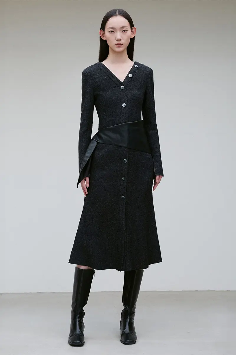 Neck Buttoned Scarf Detail Knit Dress